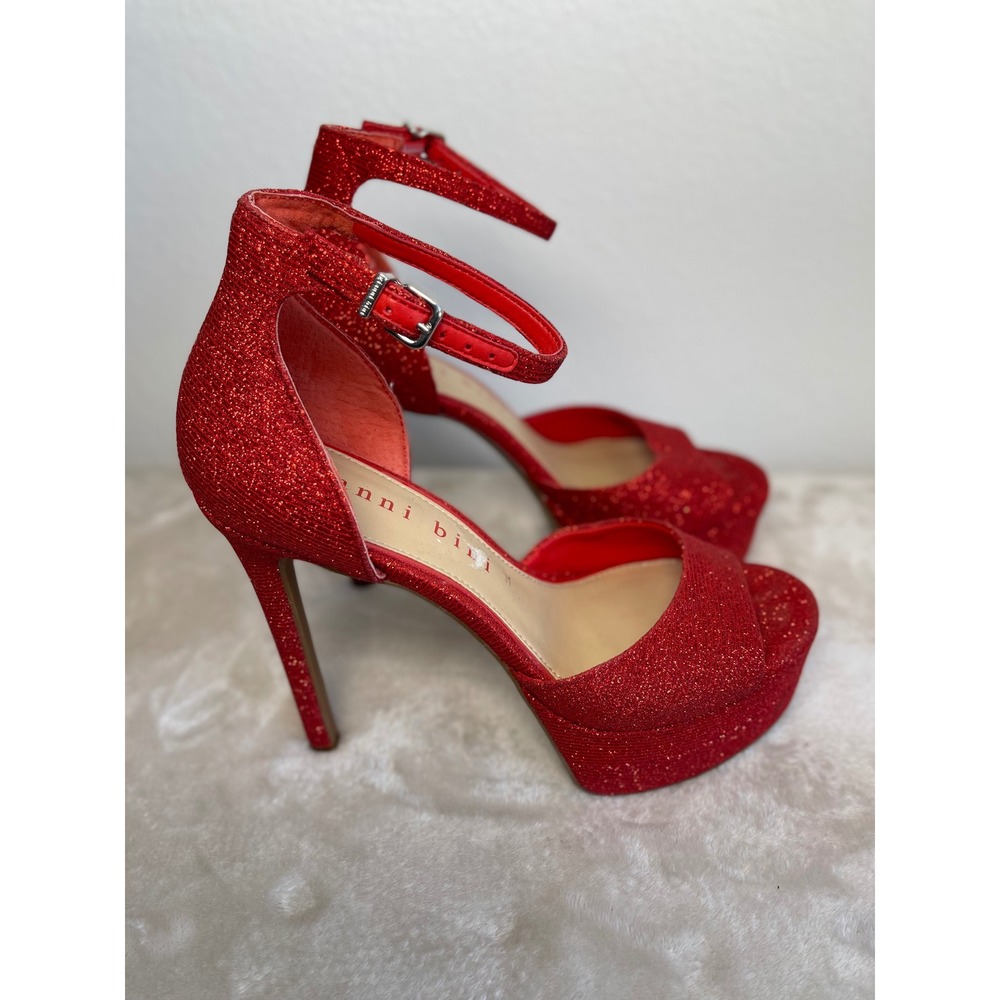 Gianni‎ Bini Red Glitter Platform Heels Ankle Strap Sandals Womens 7.5 M
